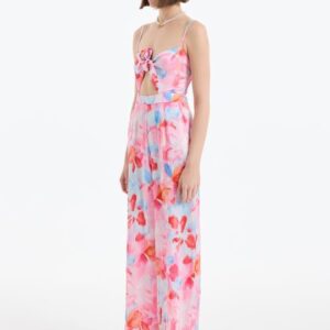 Düğüm Detaylı Desenli Tulum Pembe