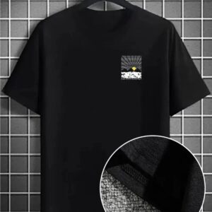 Erkek Dağ Grafikli Tişört, Yaz için Büyük Beden Rahat T-shirt - Siyah